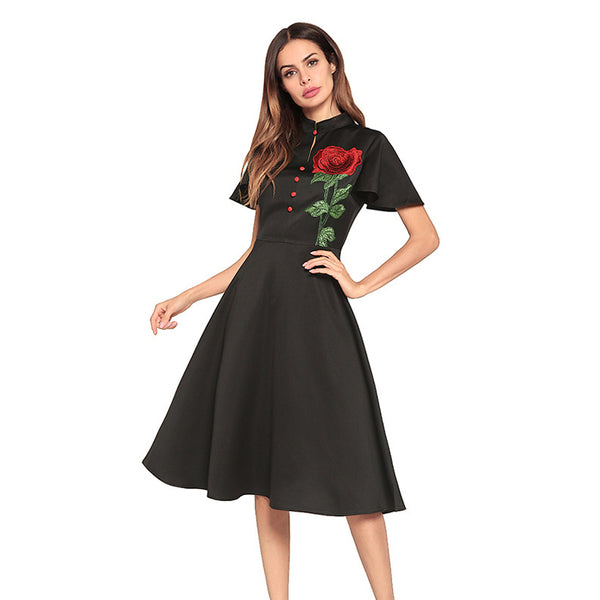 White Flutter Sleeves Dress with Rose Embroidery