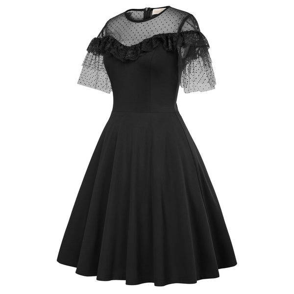 Wine Red Swiss Dot Sheer illusion Bell Sleeves Swing Dress