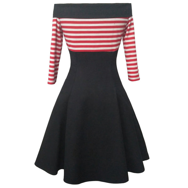 Black and White Nautical Striped Off the Shoulder Swing Dress