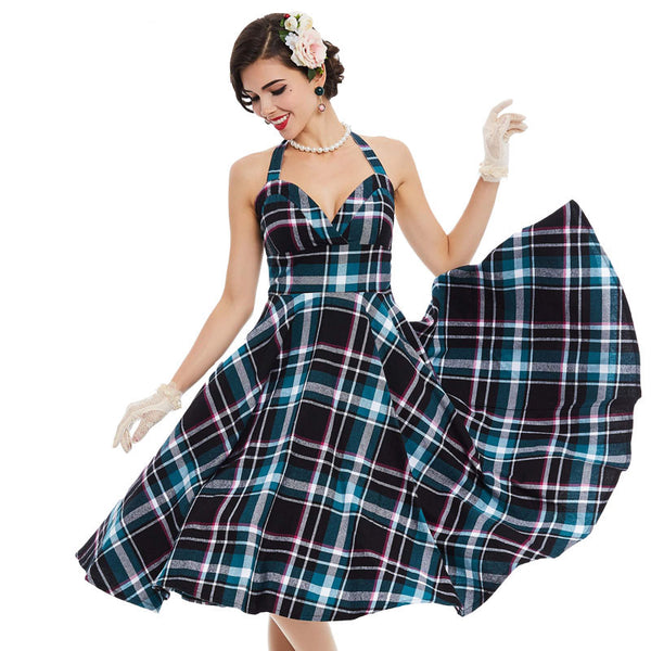 Teal Blue and black Tartan Plaid Halter Dress