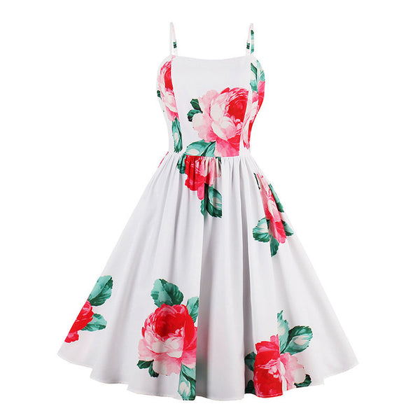 US STOCK Red Roses on White Full Skirt Dress