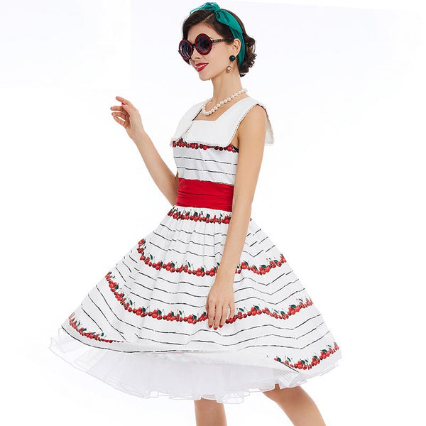 Boatneck Cherries on White Fit and Flare Dress