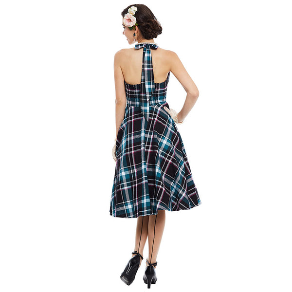 Teal Blue and black Tartan Plaid Halter Dress