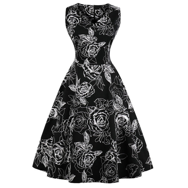 White Floral on Black Fit and Flare Swing Dress