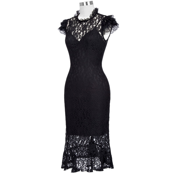 Black Lace Ruffled Sleeves Mermaid Pencil Dress