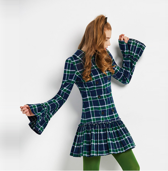 Vintage Mod 1960s Tartan Plaid mini dress with Trumpet Sleeves