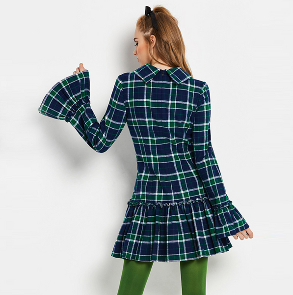 Vintage Mod 1960s Tartan Plaid mini dress with Trumpet Sleeves