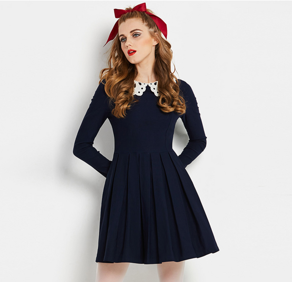 Vintage MOD 1960s Navy Skater Dress with Peter Pan Collar