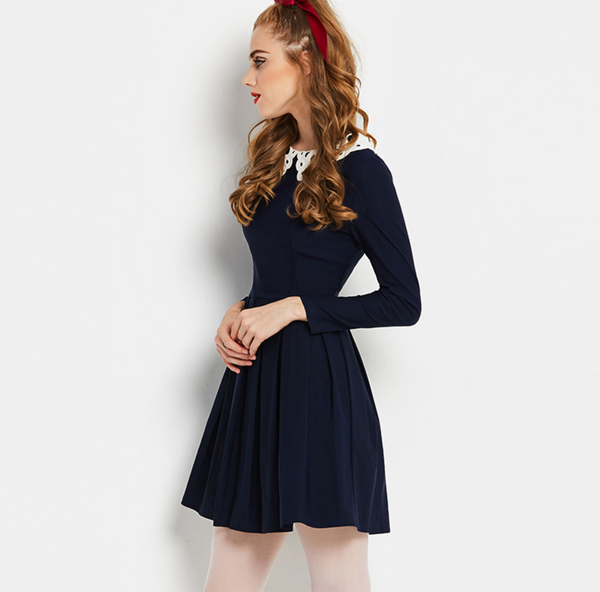 Vintage MOD 1960s Navy Skater Dress with Peter Pan Collar