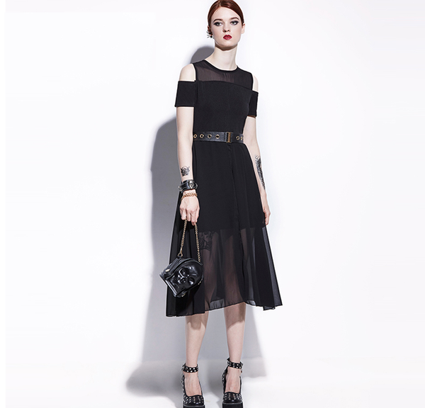1950s Inspired Gothic Black Mesh Full Skirt Midi Dress