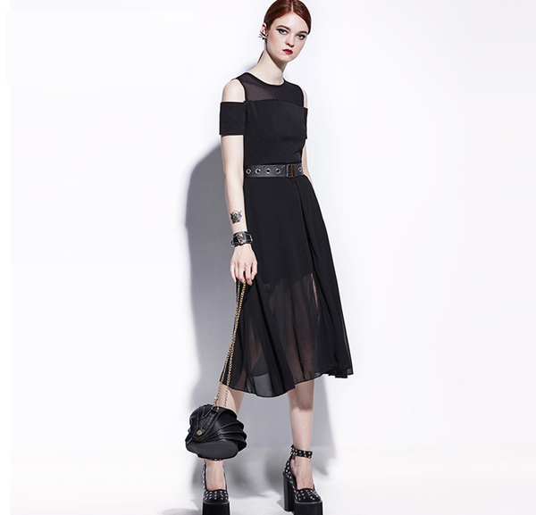 1950s Inspired Gothic Black Mesh Full Skirt Midi Dress