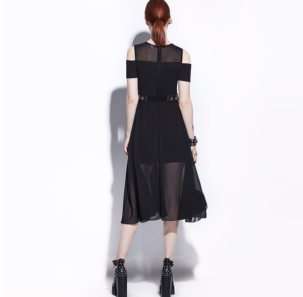 1950s Inspired Gothic Black Mesh Full Skirt Midi Dress