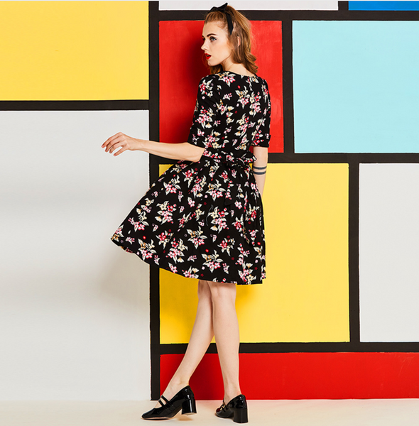 Tie back Floral Full Skirt Dress