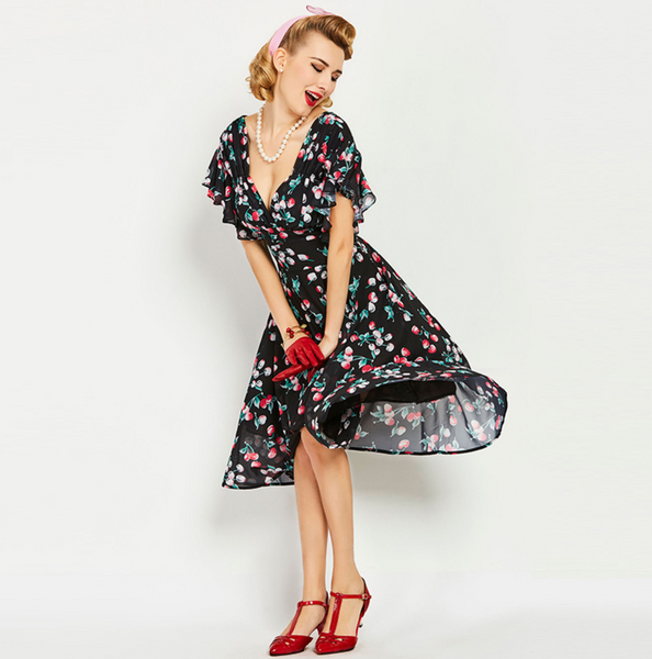 US stock Cherries Chiffon Flutter Sleeves Fit and Flare Dress