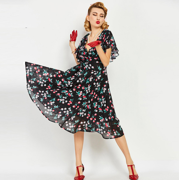 US stock Cherries Chiffon Flutter Sleeves Fit and Flare Dress