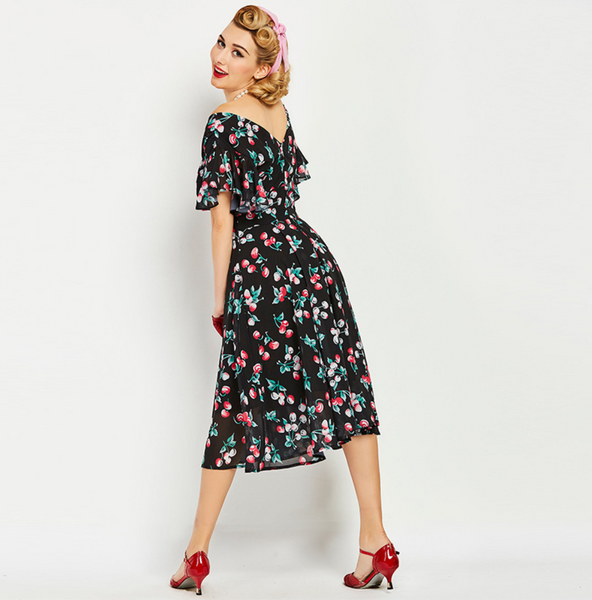 US stock Cherries Chiffon Flutter Sleeves Fit and Flare Dress