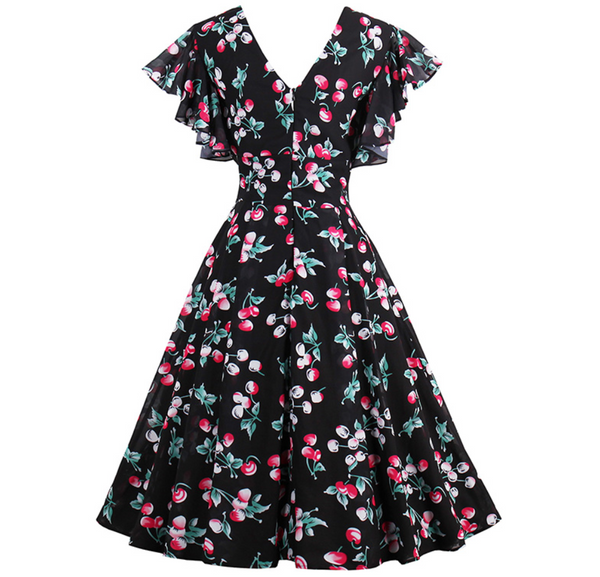 US stock Cherries Chiffon Flutter Sleeves Fit and Flare Dress