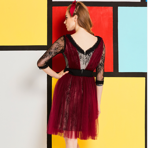 Black Lace and Maroon Mesh Full Skirt Mini Dress