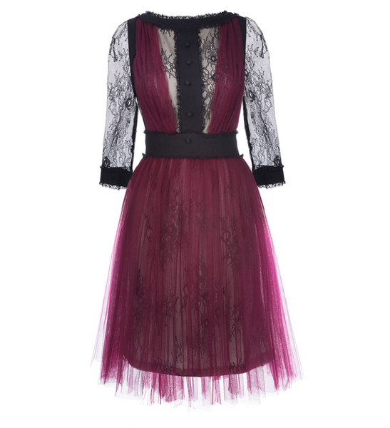 Black Lace and Maroon Mesh Full Skirt Mini Dress