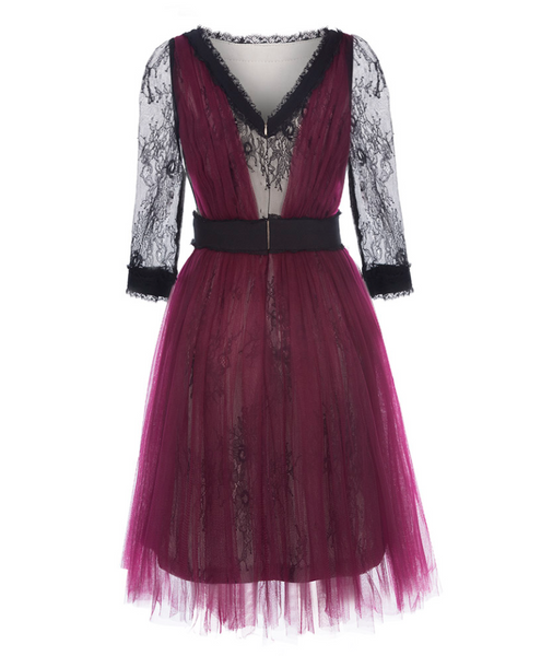 Black Lace and Maroon Mesh Full Skirt Mini Dress