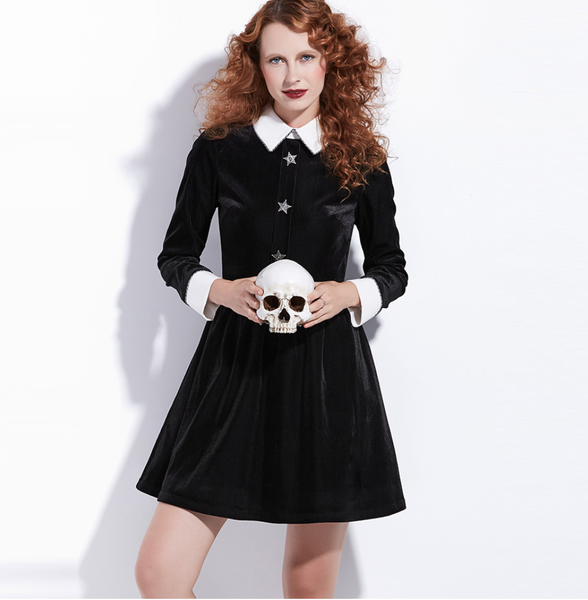 Black Velvet goth Mini Dress with White Contrast Collar and Cuffs