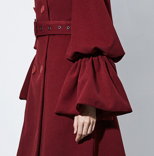 Maroon Blood Red Goth Ruffled Sleeves Double Breasted Coat