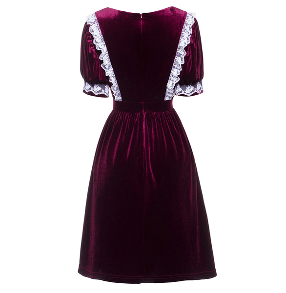 Wine Velvet Mini Dress with White Lace Detail and Puffed Sleeves
