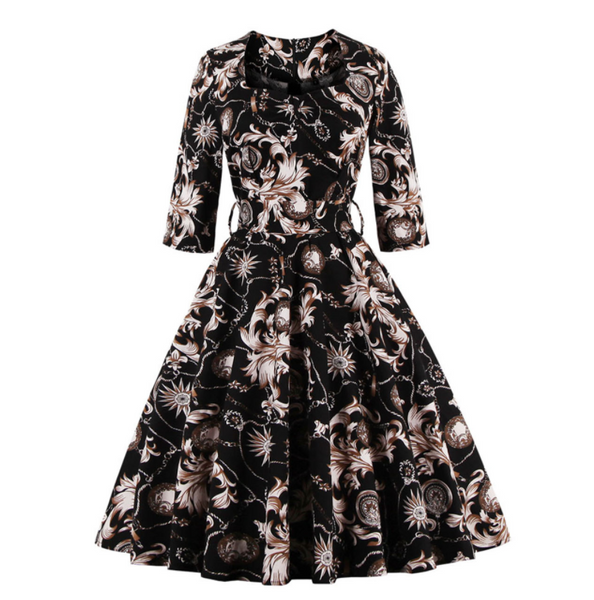 US STOCK Baroque Compass Print Fit and Flare Dress