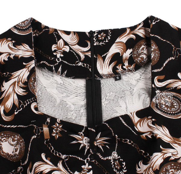 US STOCK Baroque Compass Print Fit and Flare Dress