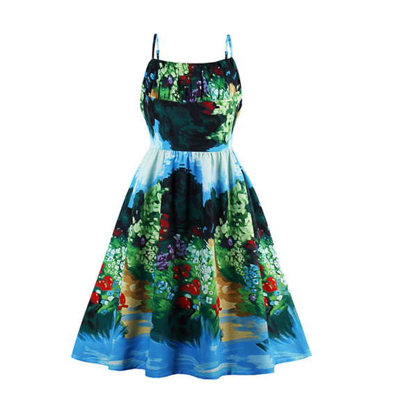 Floral Full Skirt Rockabilly Landscape Dress
