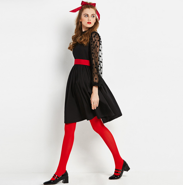 Black Fit and Flare dress with Dot Mesh Sleeves and Red Sash Belt