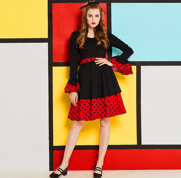 Black and Red Ruffle Sleeves Fit and Flare Polkadot Dress