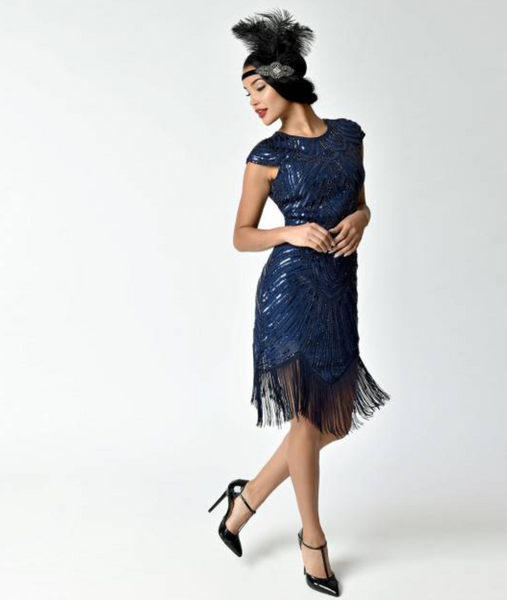 Navy Blue Cap Sleeve Beaded Fringe Sequin Deco Flapper Dress
