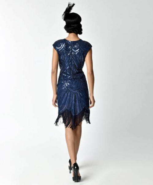 Navy Blue Cap Sleeve Beaded Fringe Sequin Deco Flapper Dress