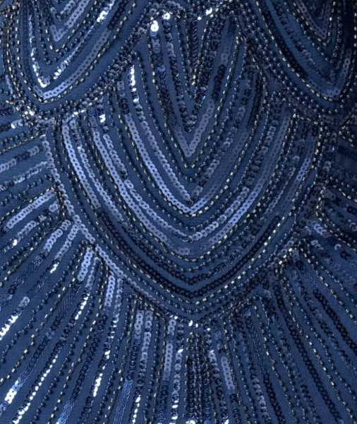 Navy Blue Cap Sleeve Beaded Fringe Sequin Deco Flapper Dress