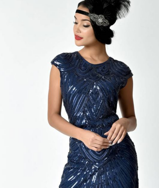 US STOCK Navy Cap Sleeve Beaded Fringe Sequin Deco Flapper Dress