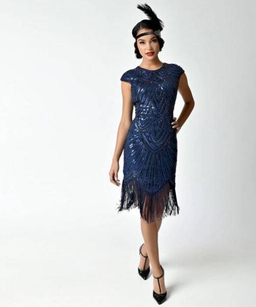 Navy Blue Cap Sleeve Beaded Fringe Sequin Deco Flapper Dress