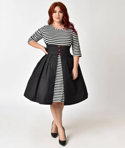 Black and White Striped Sleeved Swing Dress PLUS SIZE