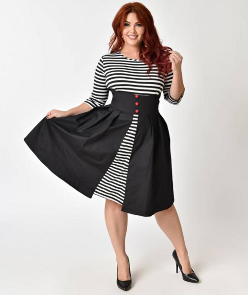 Black and White Striped Sleeved Swing Dress PLUS SIZE