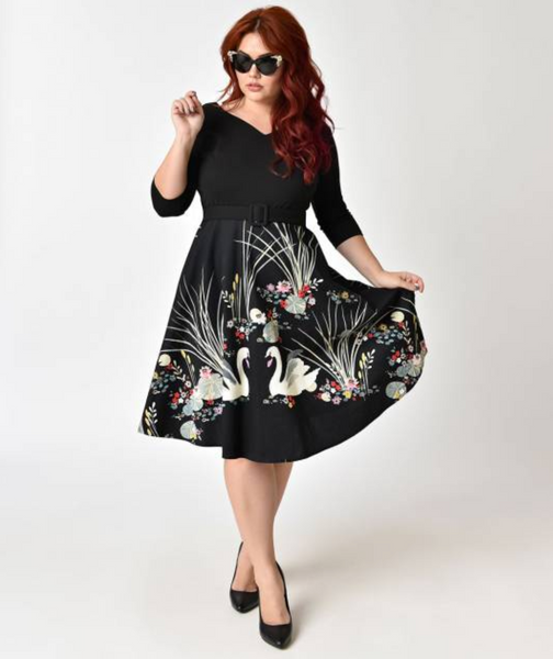 Black Swan Scene Print Sleeved Swing Dress PLUS SIZE