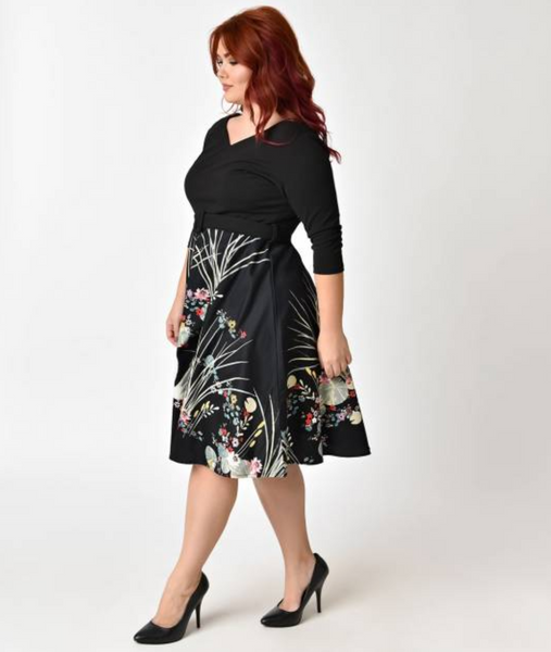 Black Swan Scene Print Sleeved Swing Dress PLUS SIZE