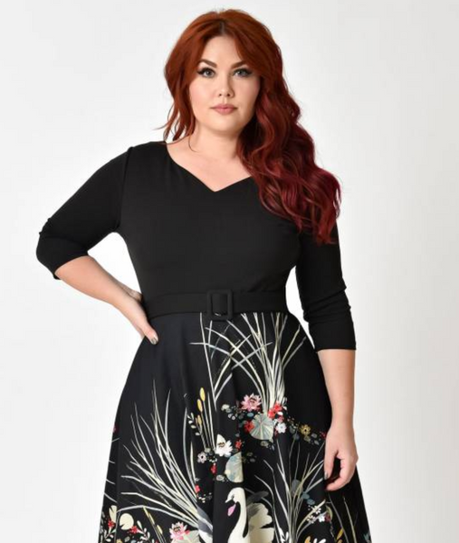 Black Swan Scene Print Sleeved Swing Dress PLUS SIZE