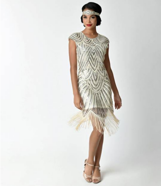 US STOCK Cream White and Gold Cap Sleeve Beaded Fringe Sequin Deco Flapper Dress