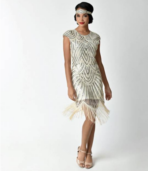 US STOCK Navy Cap Sleeve Beaded Fringe Sequin Deco Flapper Dress