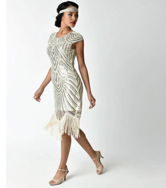 US STOCK Navy Cap Sleeve Beaded Fringe Sequin Deco Flapper Dress