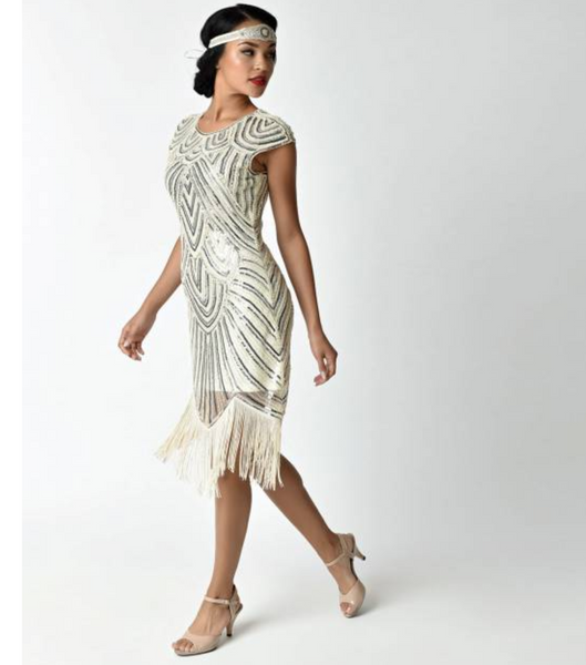 US STOCK Cream White and Gold Cap Sleeve Beaded Fringe Sequin Deco Flapper Dress