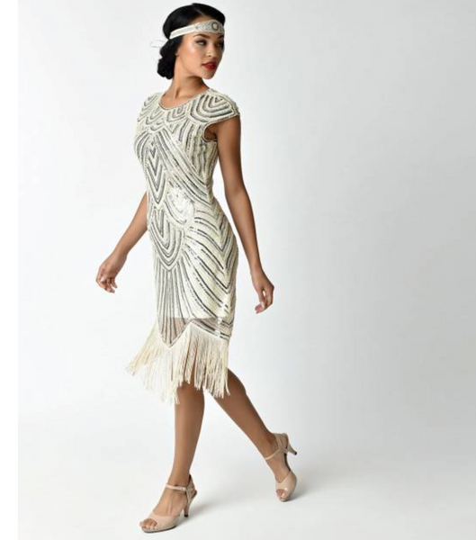 Cream White Cap Sleeve Beaded Fringe Sequin Deco Flapper Dress