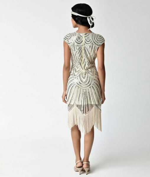 US STOCK Cream White and Gold Cap Sleeve Beaded Fringe Sequin Deco Flapper Dress
