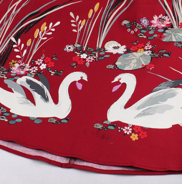 Burgundy Swan Scene Print Sleeved Swing Dress PLUS SIZE