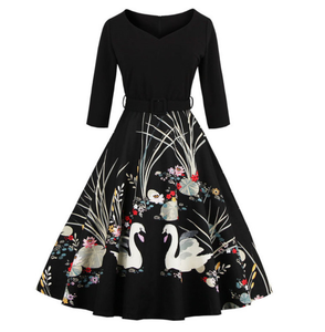 Black Swan Scene Print Sleeved Swing Dress PLUS SIZE